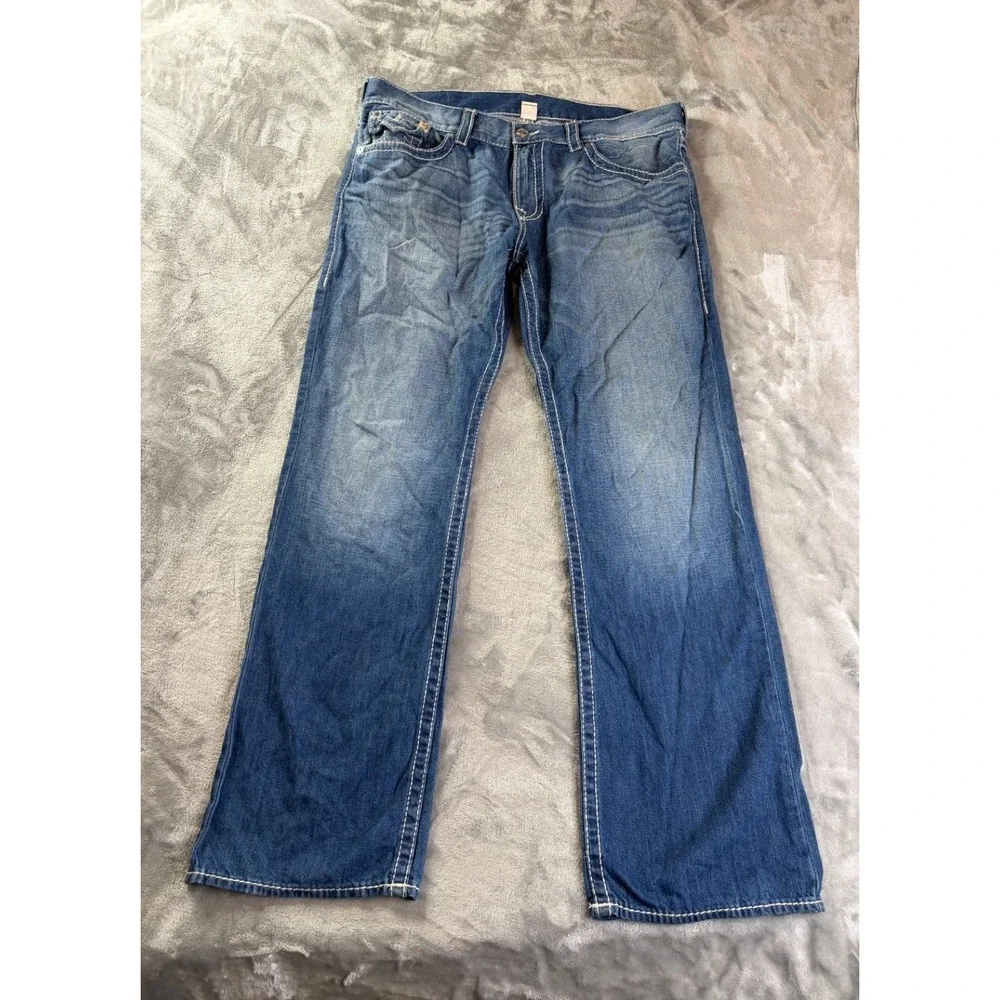 True Religion World Tour Section Straight Jeans Mens 38x34 Blue Contrast